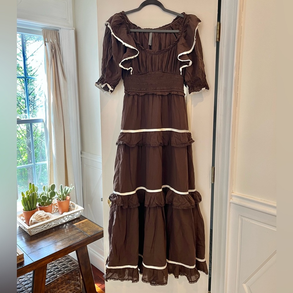 By Anthropologie Puff-Sleeve Scoop-Neck Tiered Maxi Dress